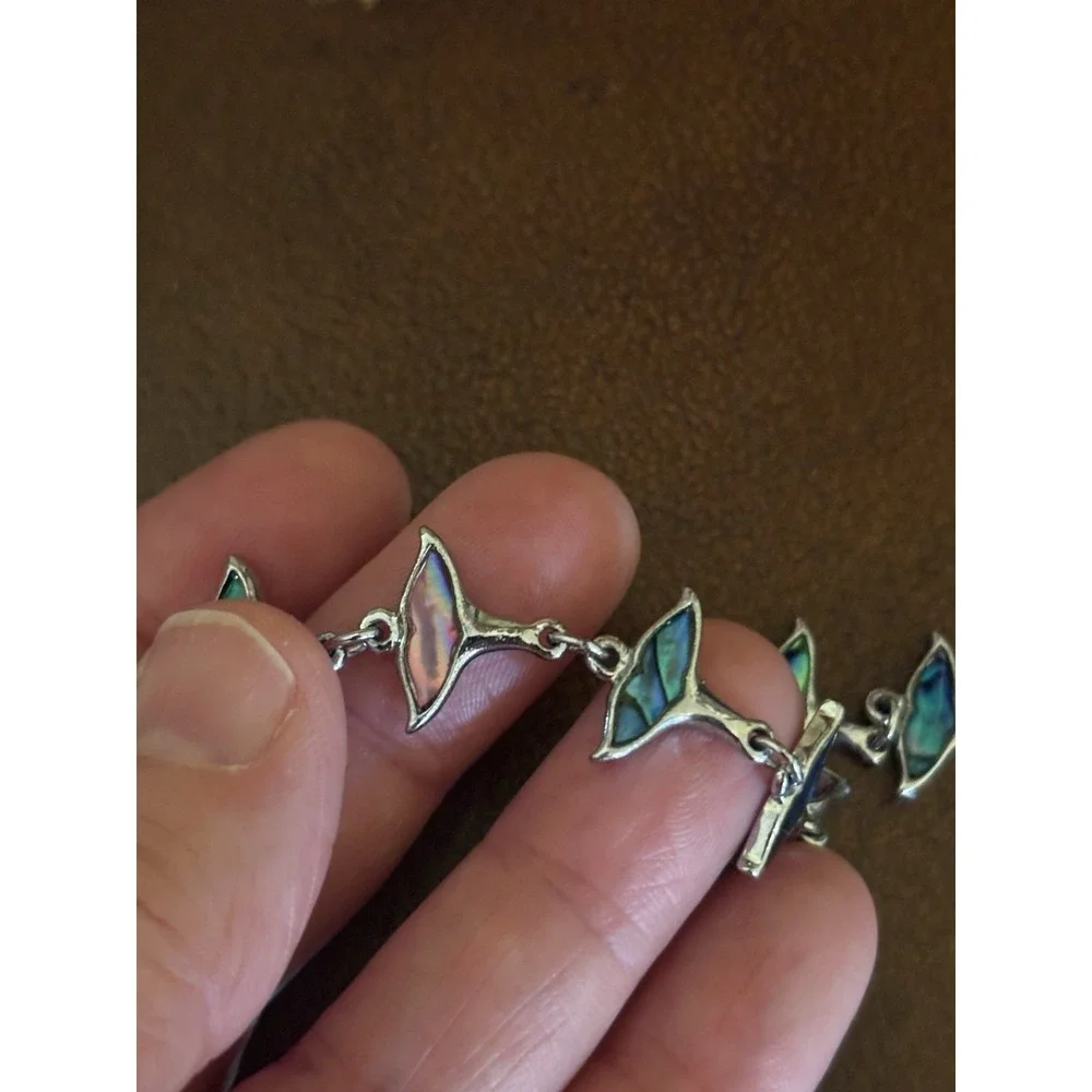 Vintage Abalone Whale Tail Multicolor Silver Tone Tennis Bracelet Adjustable